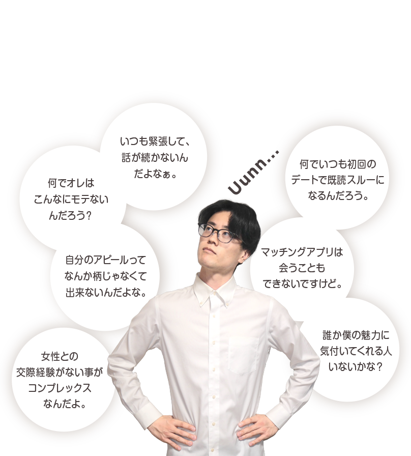 いつも緊張して、話が続かないんだよなぁ。 / 仕事は、安定しているのに何が気に入らないんだろう。 / アピールしたいんだけど、どうしたらいいんだ?本音は、お見合いじゃなくて、普通に恋愛したいんだけどなぁ。 / なんで、お見合いしても毎回、初回に断られてしまうんだろう。 / マッチングアプリなんか、会うこともできないですけど。 / まあ、悪いのは自分じゃなく相手だから、しょうがない。